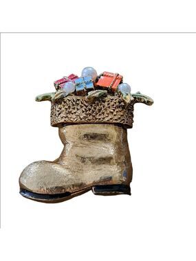 VTG Santa BOOT BROOCH TOY sack bronze detailed cuff Holiday jewelry coat pin